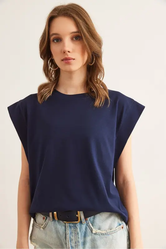 Woman Navy Blue Armpit Detailed Bat T-Shirt T - 3