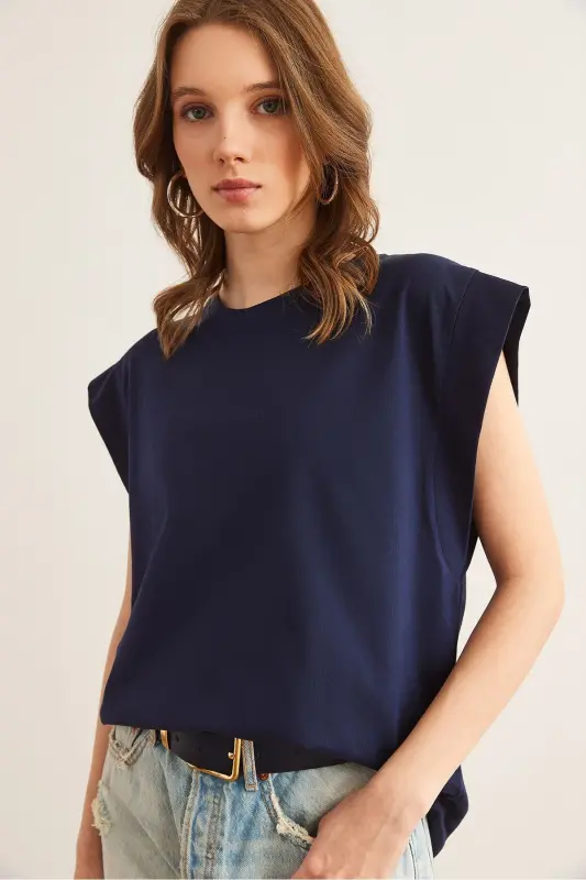 Woman Navy Blue Armpit Detailed Bat T-Shirt T - 4