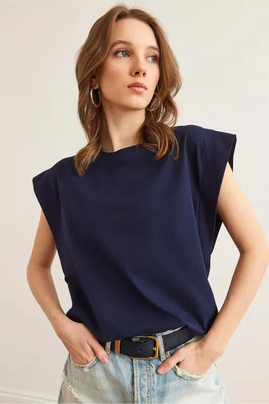 Woman Navy Blue Armpit Detailed Bat T-Shirt T - 5