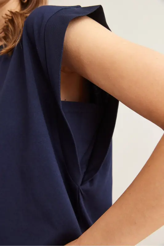 Woman Navy Blue Armpit Detailed Bat T-Shirt T - 6