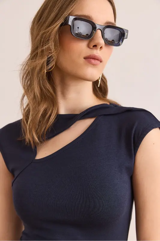 Woman Navy Blue Drop Neckline Shoulder Detailed Cotton - 6