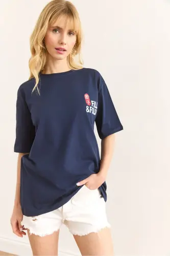 Woman Navy Blue Front Back Printed Cotton T-Shirt TSH-19 - 1