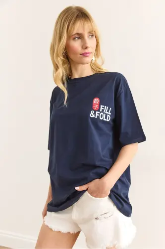 Woman Navy Blue Front Back Printed Cotton T-Shirt TSH-19 - 5