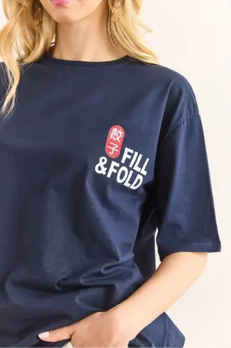 Woman Navy Blue Front Back Printed Cotton T-Shirt TSH-19 - 6