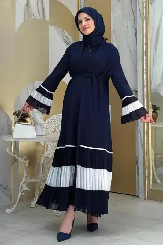 WOMAN NAVY BLUE (NAVY-ECRU) PLEATED DETAILED FLOUNCED ABAYA T 4547-NAVY BLUE (NAVY - TRENDTESETTÜR