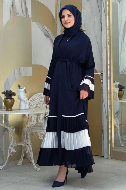 WOMAN NAVY BLUE (NAVY-ECRU) PLEATED DETAILED FLOUNCED ABAYA T 4547-NAVY BLUE (NAVY - 3
