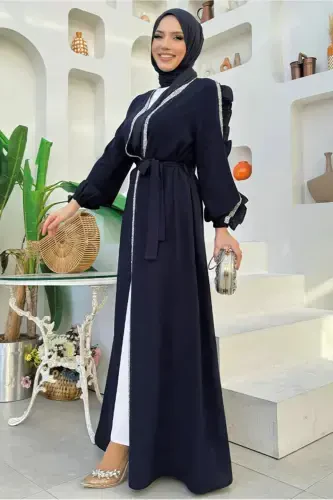 WOMAN NAVY BLUE STONE DETAILED DRESS ABAYA SUIT T 4848-NAVY BLUE - TRENDTESETTÜR (1)