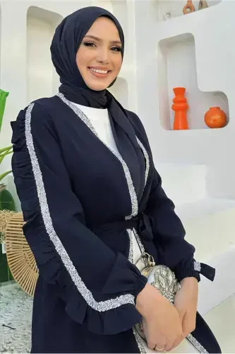 WOMAN NAVY BLUE STONE DETAILED DRESS ABAYA SUIT T 4848-NAVY BLUE - 4