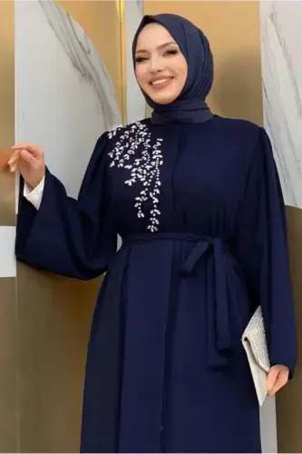 Woman Navy Blue Stone Embroidered Abaya T 5087-NAVY BLUE - 1