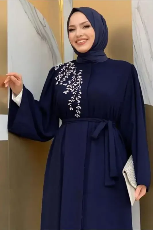 Woman Navy Blue Stone Embroidered Abaya T 5087-NAVY BLUE - 1