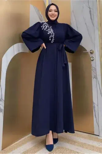 Woman Navy Blue Stone Embroidered Abaya T 5087-NAVY BLUE - TRENDTESETTÜR (1)