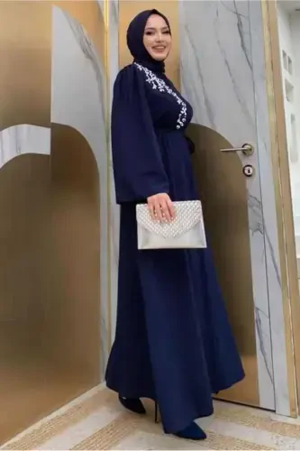 Woman Navy Blue Stone Embroidered Abaya T 5087-NAVY BLUE - 3