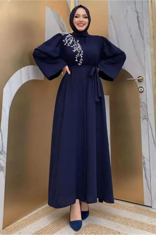 Woman Navy Blue Stone Embroidered Abaya T 5087-NAVY BLUE - 2