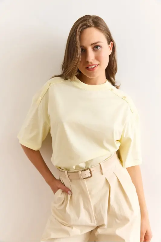 Woman Off-Shoulder Gold Buttoned Cotton T-Shirt TS - 5