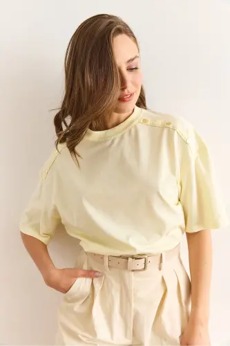 Woman Off-Shoulder Gold Buttoned Cotton T-Shirt TS - 6