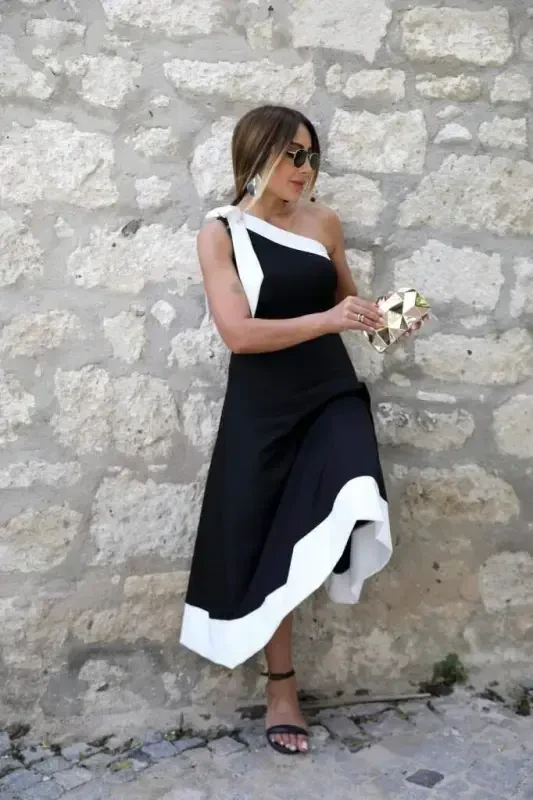 Woman Off Shoulder One Shoulder Ribbon Detailed Double Color Imported Crepe Dress - 2