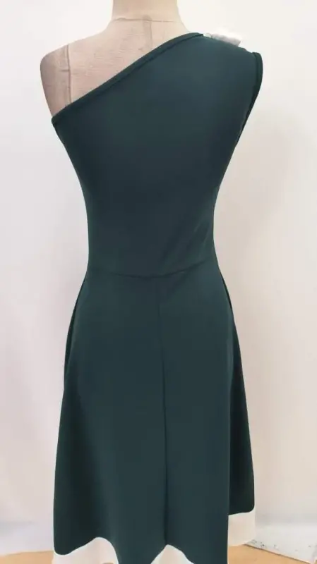 Woman Off Shoulder One Shoulder Ribbon Detailed Two Tone Imported Crepe Dress - 6