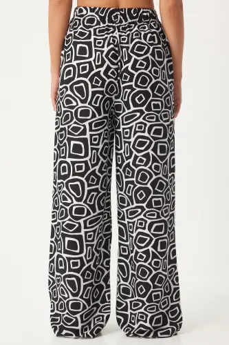 Woman Off White Black Patterned Viscose Palazzo Pants EN00606-Off White Black - 5