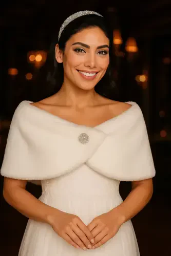 Woman Off White Short Brooch Fur Stole Bridal Bolero Shawl Evening Shawl-Off White - 1