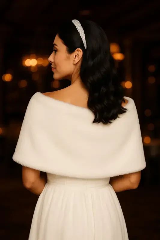 Woman Off White Short Brooch Fur Stole Bridal Bolero Shawl Evening Shawl-Off White - 3