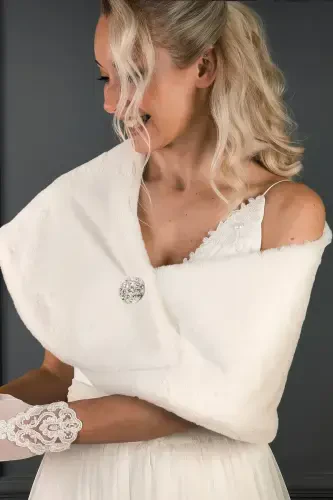 Woman Off White Short Brooch Fur Stole Bridal Bolero Shawl Evening Shawl-Off White - 5