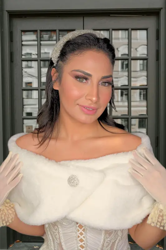 Woman Off White Short Brooch Fur Stole Bridal Bolero Shawl Evening Shawl-Off White - 4