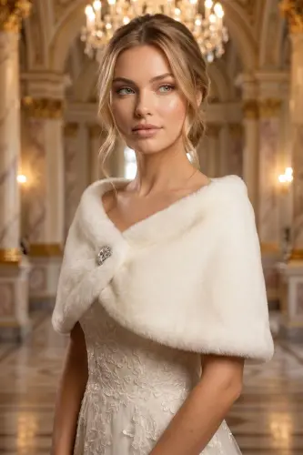 Woman Off White Short Brooch Fur Stole Bridal Bolero Shawl Evening Shawl-Off White - ELEGANCE SCARF (1)