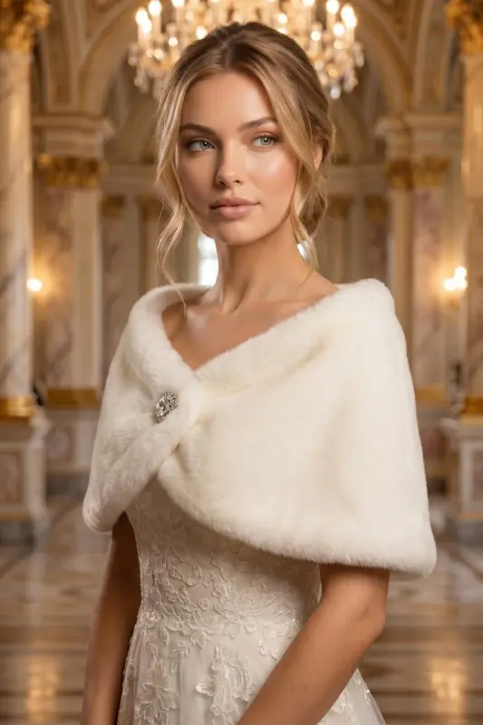 Woman Off White Short Brooch Fur Stole Bridal Bolero Shawl Evening Shawl-Off White - 2
