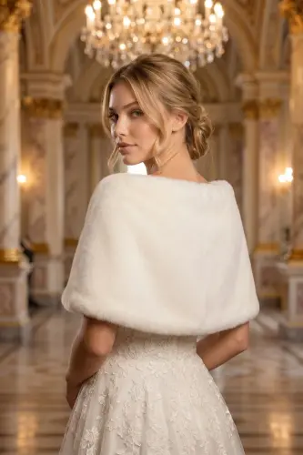 Woman Off White Short Brooch Fur Stole Bridal Bolero Shawl Evening Shawl-Off White - 5