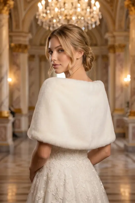 Woman Off White Short Brooch Fur Stole Bridal Bolero Shawl Evening Shawl-Off White - 5