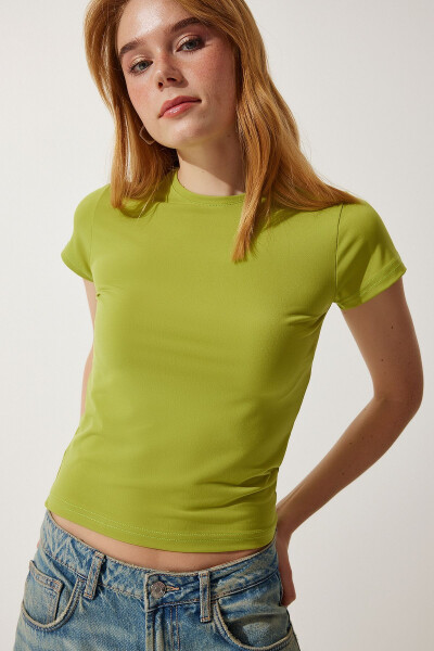 Woman Oil Green Crew Neck Basic Sandy T-Shirt 