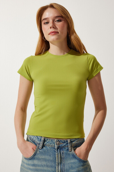 Woman Oil Green Crew Neck Basic Sandy T-Shirt - 3