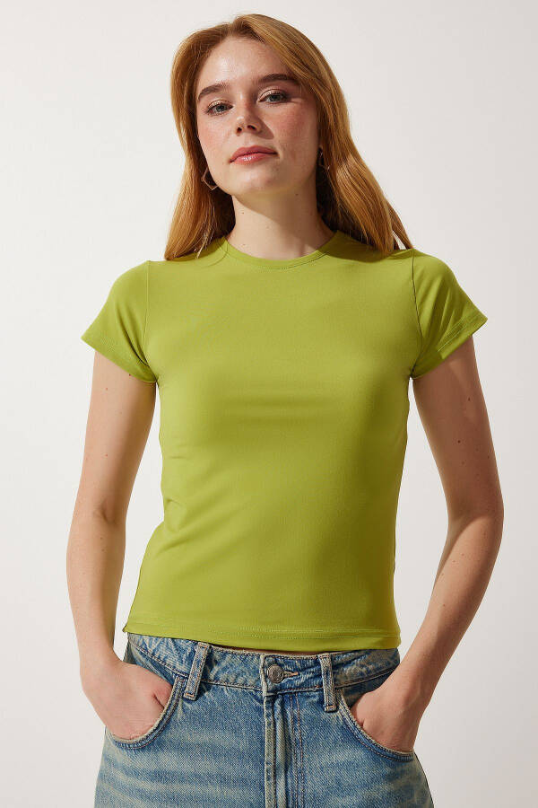 Woman Oil Green Crew Neck Basic Sandy T-Shirt - 3
