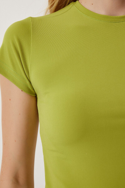 Woman Oil Green Crew Neck Basic Sandy T-Shirt - 5