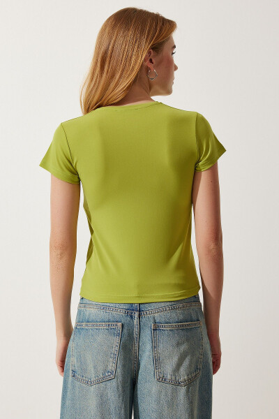 Woman Oil Green Crew Neck Basic Sandy T-Shirt - 6
