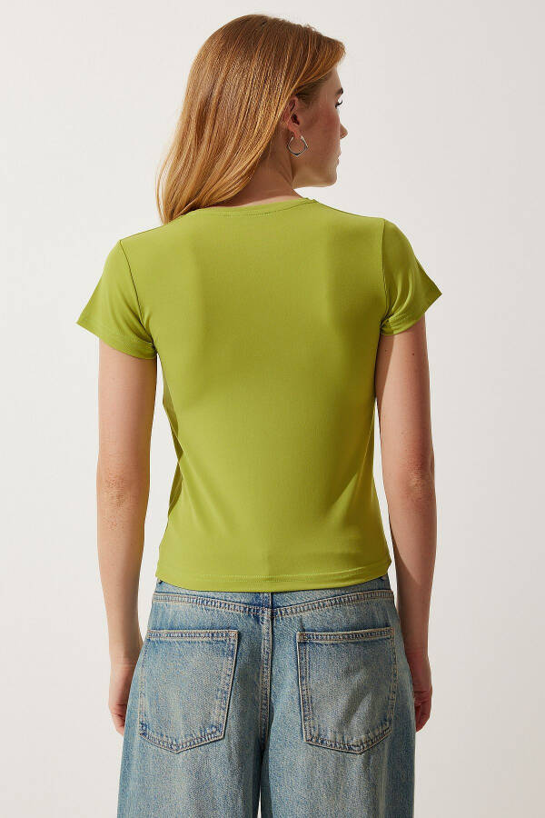 Woman Oil Green Crew Neck Basic Sandy T-Shirt - 6