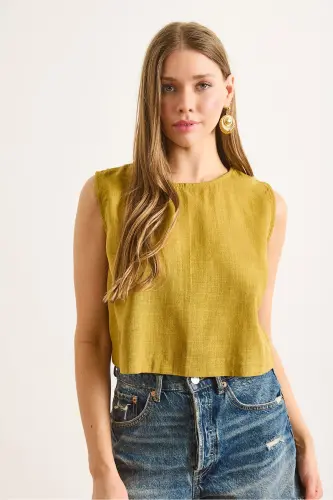 Woman Oil Green Flame Linen Crop Blouse BLZ-19002925-Oil Green - 3