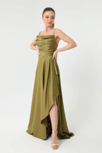 Woman Oil Green Flounced Slit Satin Evening & Graduation Dress-Oil Green 