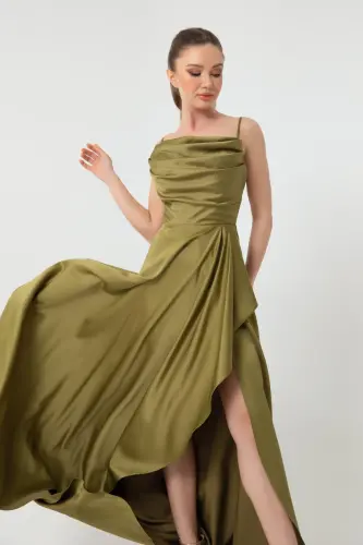 Woman Oil Green Flounced Slit Satin Evening & Graduation Dress-Oil Green - LAFABA (1)