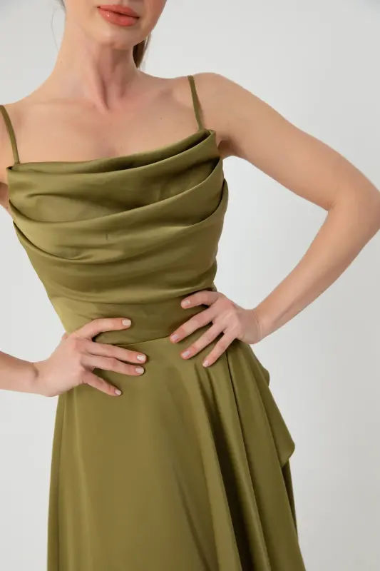 Woman Oil Green Flounced Slit Satin Evening & Graduation Dress-Oil Green - 3