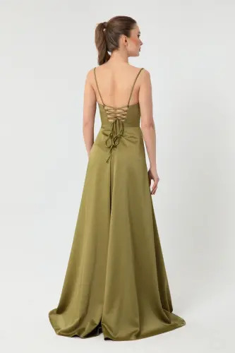 Woman Oil Green Flounced Slit Satin Evening & Graduation Dress-Oil Green - 4