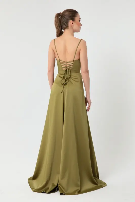Woman Oil Green Flounced Slit Satin Evening & Graduation Dress-Oil Green - 4