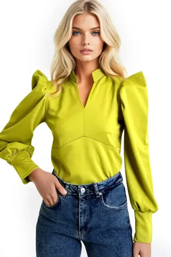 Woman Oil Green Mandarin Collar Princess Sleeve Knitted Crop Blouse ALC-X9659-OIL GREEN - 1