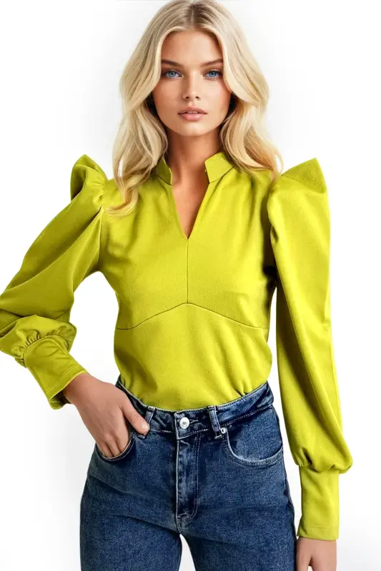 Woman Oil Green Mandarin Collar Princess Sleeve Knitted Crop Blouse ALC-X9659-OIL GREEN - TREND ALAÇATI STILI