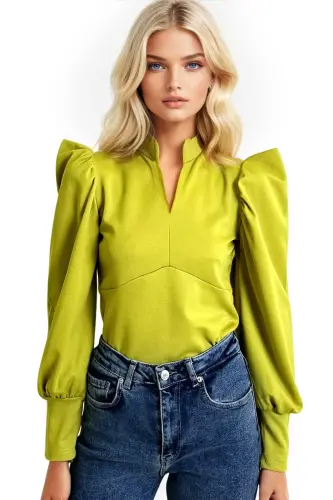 Woman Oil Green Mandarin Collar Princess Sleeve Knitted Crop Blouse ALC-X9659-OIL GREEN - 3