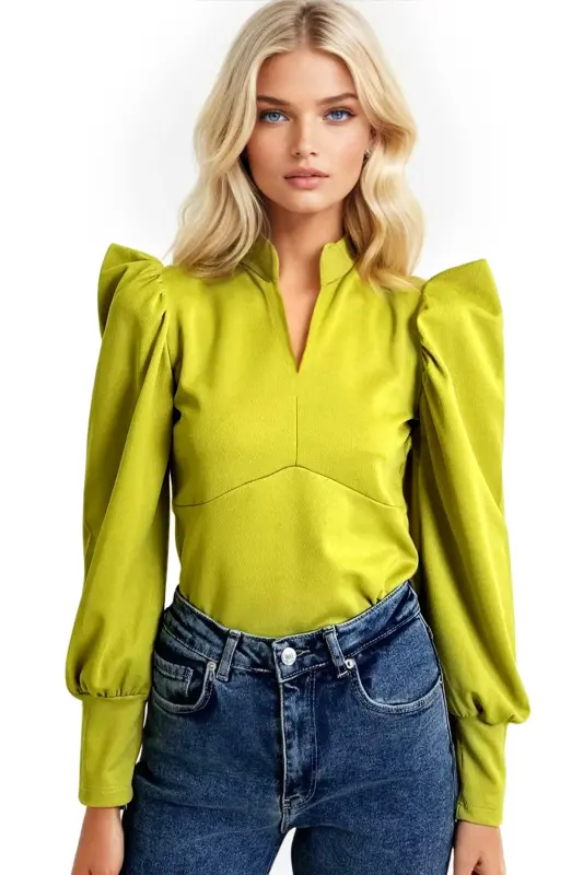 Woman Oil Green Mandarin Collar Princess Sleeve Knitted Crop Blouse ALC-X9659-OIL GREEN - 3