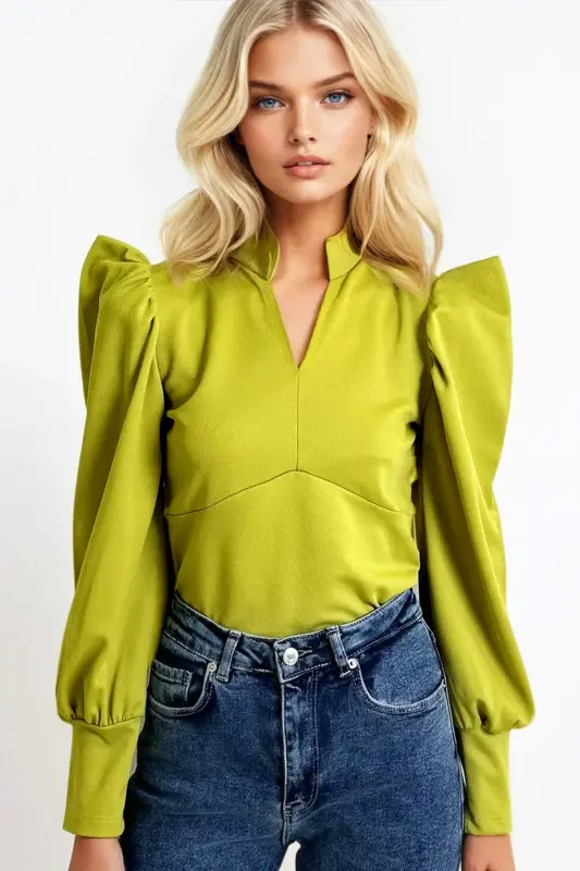 Woman Oil Green Mandarin Collar Princess Sleeve Knitted Crop Blouse ALC-X9659-OIL GREEN - 4