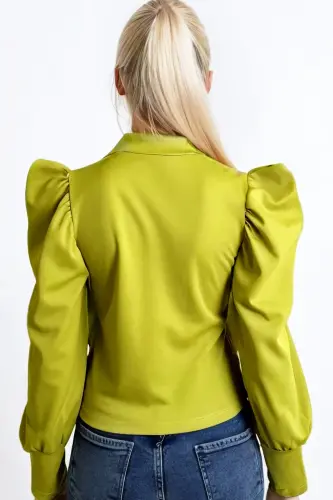 Woman Oil Green Mandarin Collar Princess Sleeve Knitted Crop Blouse ALC-X9659-OIL GREEN - 5