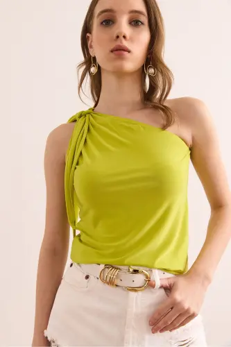 Woman Oil Green One Shoulder Accessory Belted Sandy B - 5