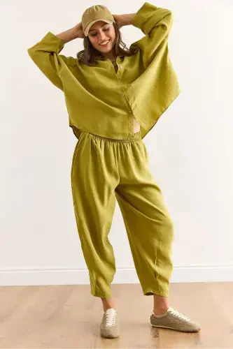 Woman Oil Green Top Shirt Bottom Shalwar Pants Mo - 1